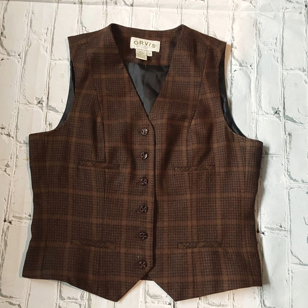 ORVIS WOMENS WOOL TWEED BUTTON FITTED VEST SIZE 10